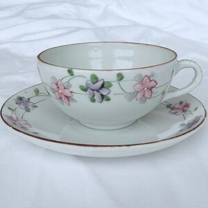 Antique Nippon Hand Painted Floral Porcelain Teacup & Saucer Set In Pink Purple